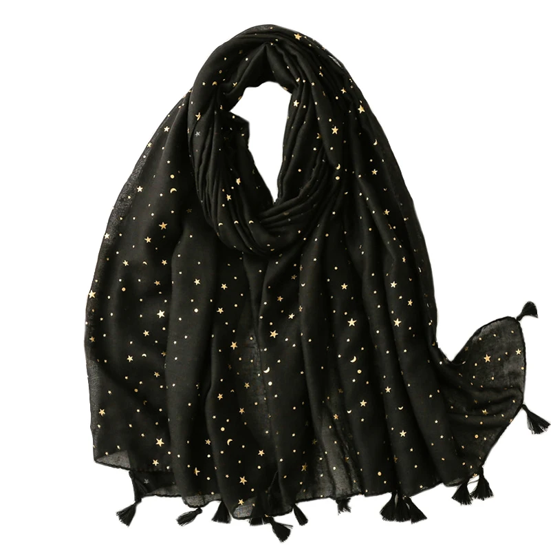 

2022 Spring Star Print Gold Foil Tassel Scarf Shawls Long Beautiful Moon Hijab Wrap 7 Color Free Shipping