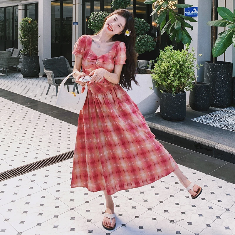 Pink Plaid Square Neck Tassel Dress for Women 2024 Summer Vintage Elegant Short Sleeve Belt Slim Fit A-line Maxi Dresses 9117
Pink Plaid Square Neck Tassel Dress for Women 2024 Summer Vintage Elegant Short Sleeve Belt Slim Fit A-line Maxi Dresses 9117