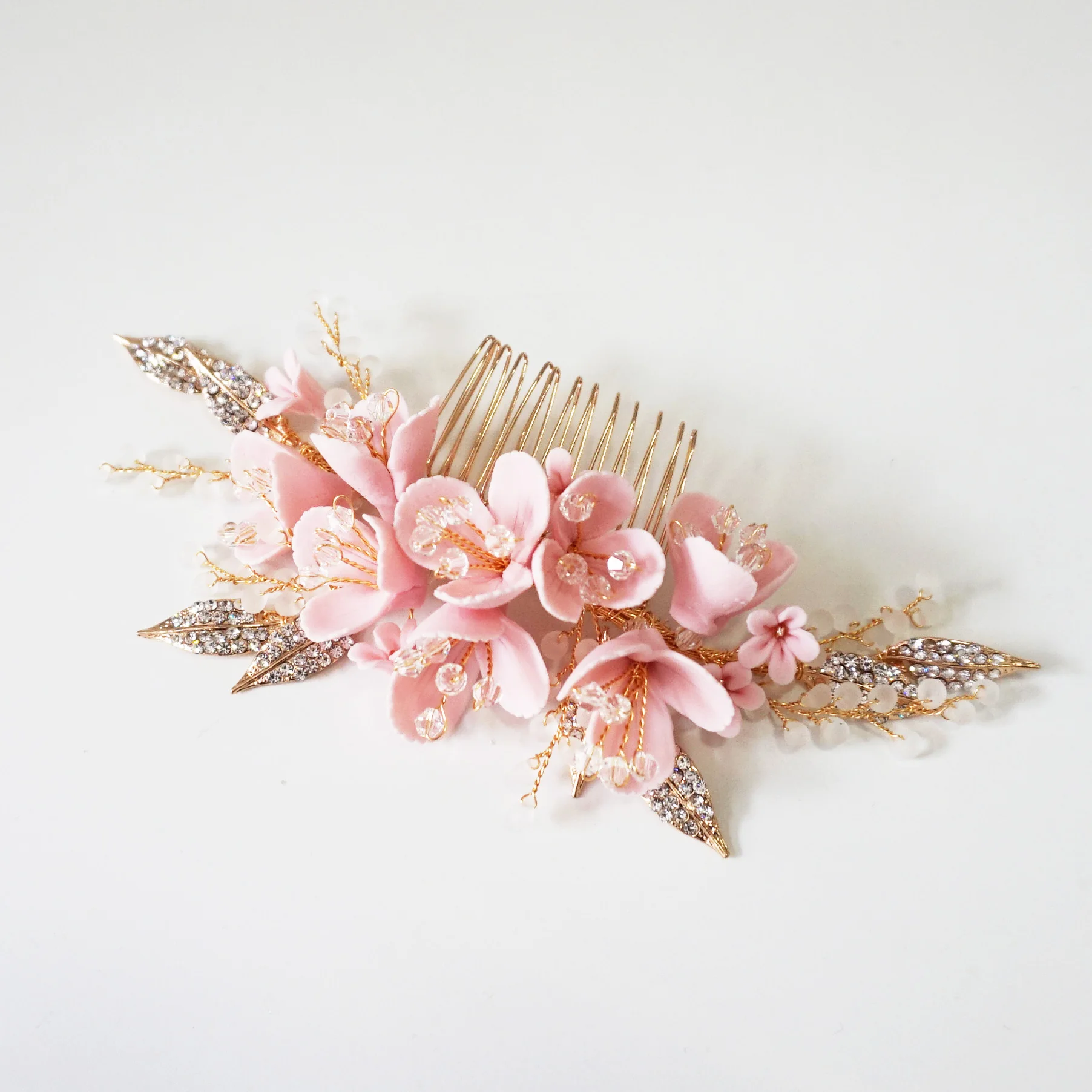 

Handmade Pink Flower Bridal Hair Comb Rhinestone Leaf Headpiece Wedding Hair Jewelry