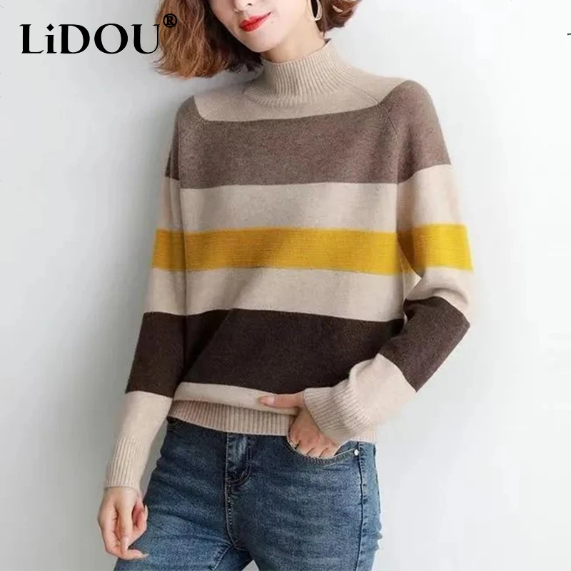 Autumn Winter Half High Collar Striped Patchwork Sweaters Ladies Loose Casual All-match Bottoming Pullover Tops Women's Jumpers
Autumn Winter Half High Collar Striped Patchwork Sweaters Ladies Loose Casual All-match Bottoming Pullover Tops Women's Jumpers