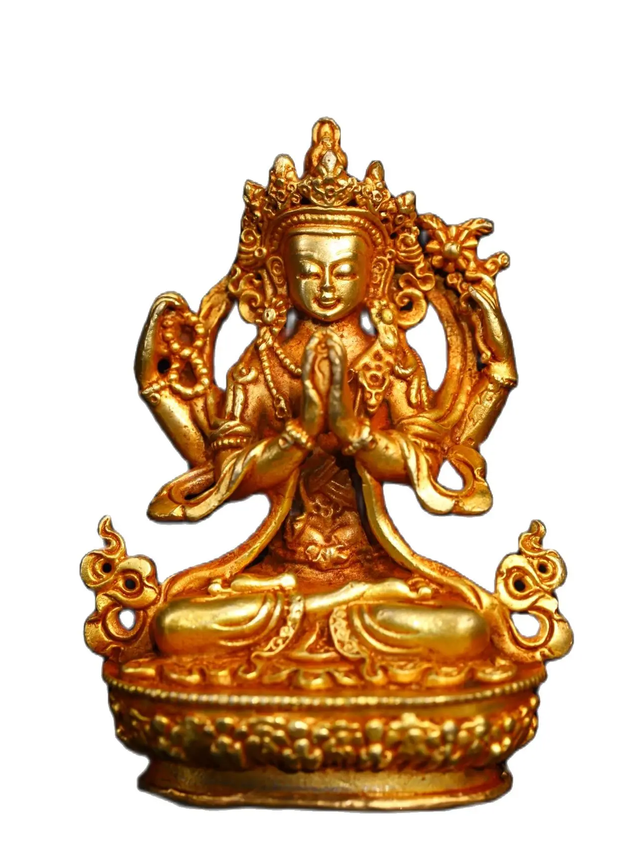 Tibetan Buddhism Handmade Old Gilt Bronze Four-armed Avalokitesvara sculpture,Home Decor Metal Crafts,Height 8.5cm,Width 6.5cm
Tibetan Buddhism Handmade Old Gilt Bronze Four-armed Avalokitesvara sculpture,Home Decor Metal Crafts,Height 8.5cm,Width 6.5cm