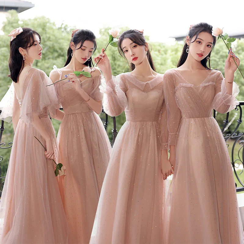 

Pink Sequin Bridesmaid Dresses Women V-Neck Long Sleeves Backless A-line Homecoming Dress Exquisite Elegant Graduation Gown