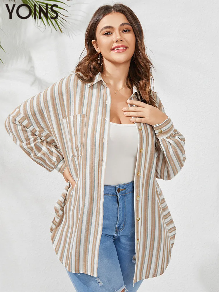

YOINS Stylish Tops Tunic 2023 Autumn Women Long Sleeve Cotton Blouse Casual Striped Shirts Buttons Curved Blusas Femme Plus Size