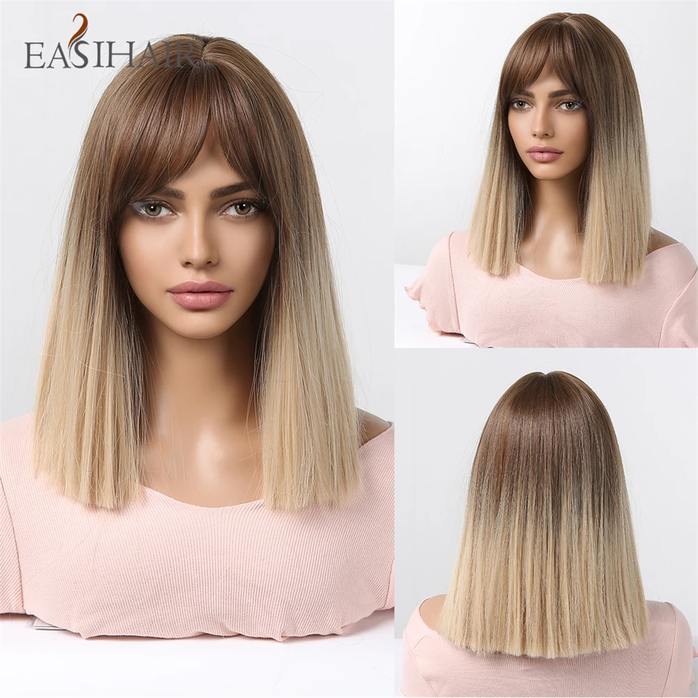 

EASIHAIR Ombre Light Brown Golden Short Synthetic Wig with Bang Shoulder Length Straight Bob Hair for Women Daily Heat Resistant