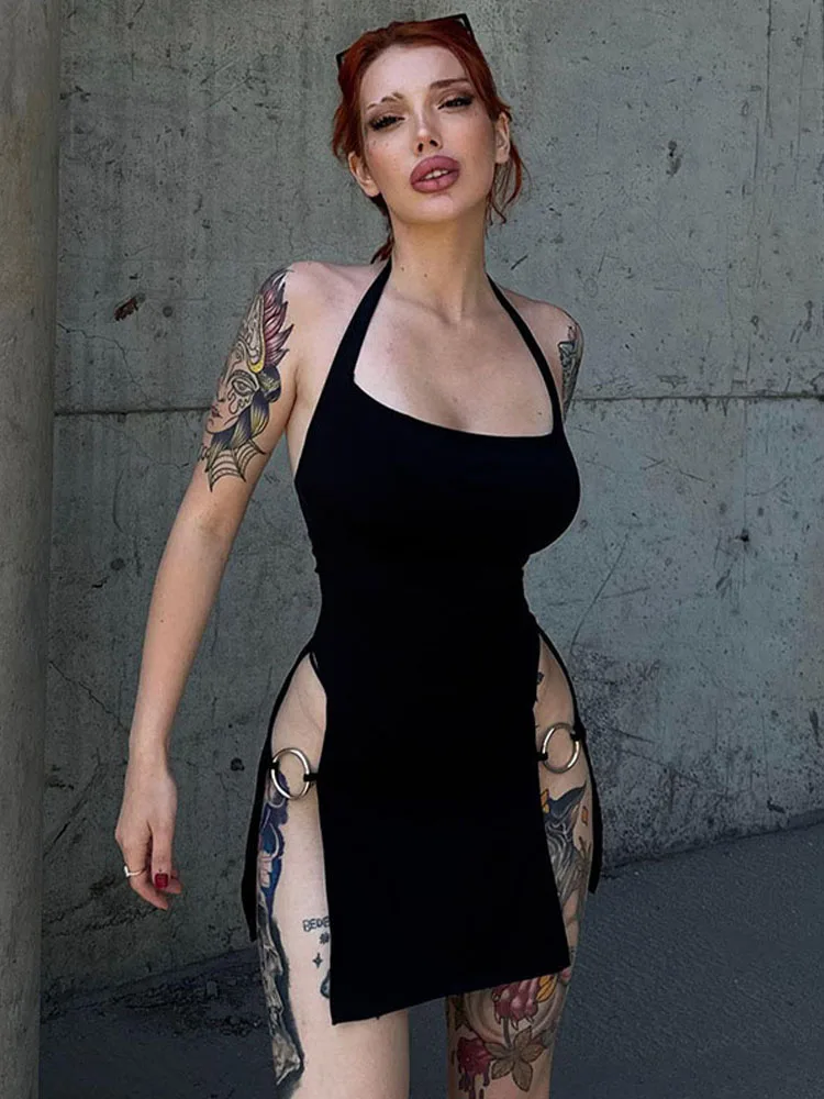 Solid Color Sleeveless Halter Backless Deep Split Metal Circle Decoration Mini Dress Hottie Girls Spicy Clubwear Street
Solid Color Sleeveless Halter Backless Deep Split Metal Circle Decoration Mini Dress Hottie Girls Spicy Clubwear Street