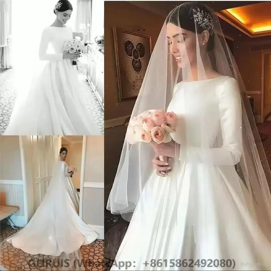 

Wedding Dresses Long Satin A Line فساتين زفاف White Simple Bridal Gown Свадебные платья Robes de mariée with Train