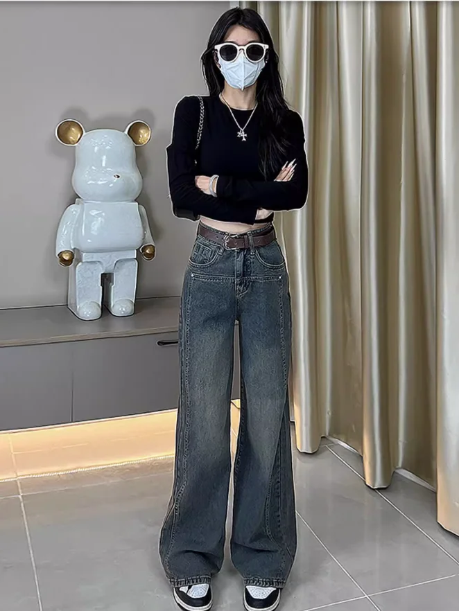 Straight High Waist Women Jeans Full Length Loose Solid Color Fashion Streetwear Slim Female Wide Leg Pants Black Z121
Straight High Waist Women Jeans Full Length Loose Solid Color Fashion Streetwear Slim Female Wide Leg Pants Black Z121