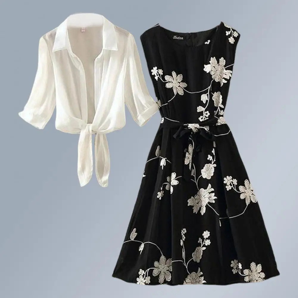 Women Dress Suit Women's Retro Flower Print Dress Suit with Lace-up Waist See-through Cardigan Coat A-line Loose Hem Dress Set
Women Dress Suit Women's Retro Flower Print Dress Suit with Lace-up Waist See-through Cardigan Coat A-line Loose Hem Dress Set