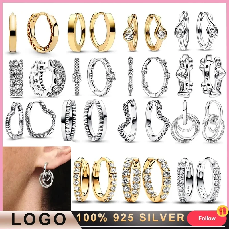 

%925 Silver Hot Selling Women's Sparkling Round Inlaid Heart shaped Earrings Original Logo Fashion DIY Charming Jewelry Gift