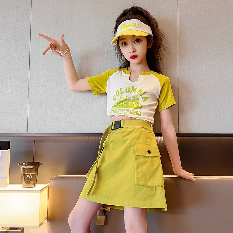 

2024 Korean Summer Children Girl 2PCS Clothes Set Junior Girl Contrast Printed Shirt+Straight Skirt School Girl Casual Suit