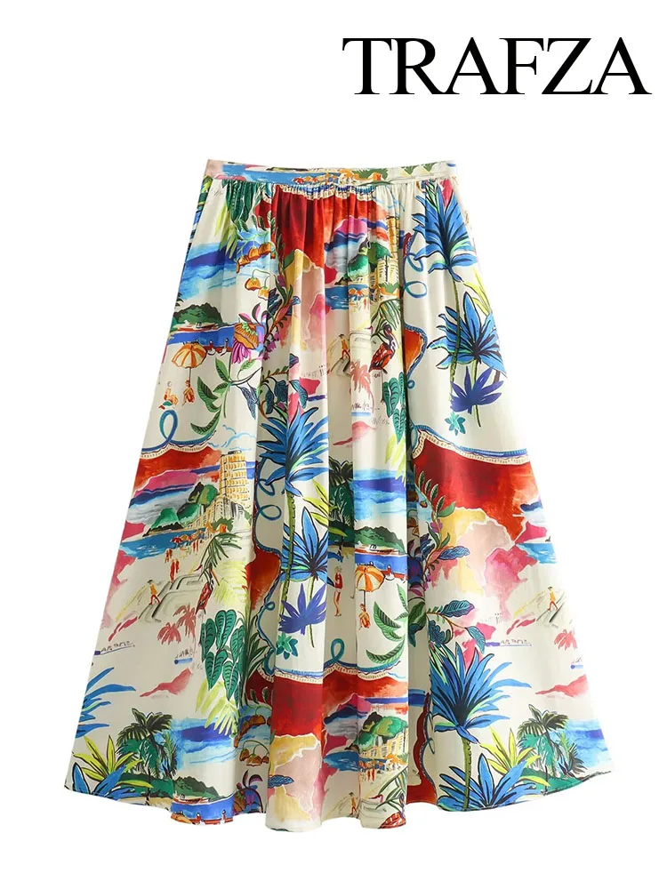 

TRAFZA Women Fashion Print High Waist Midi Skirt Female Casual Chic Side Zipper Pocket Decorate Vintage Slim Beach Pleated Skirt