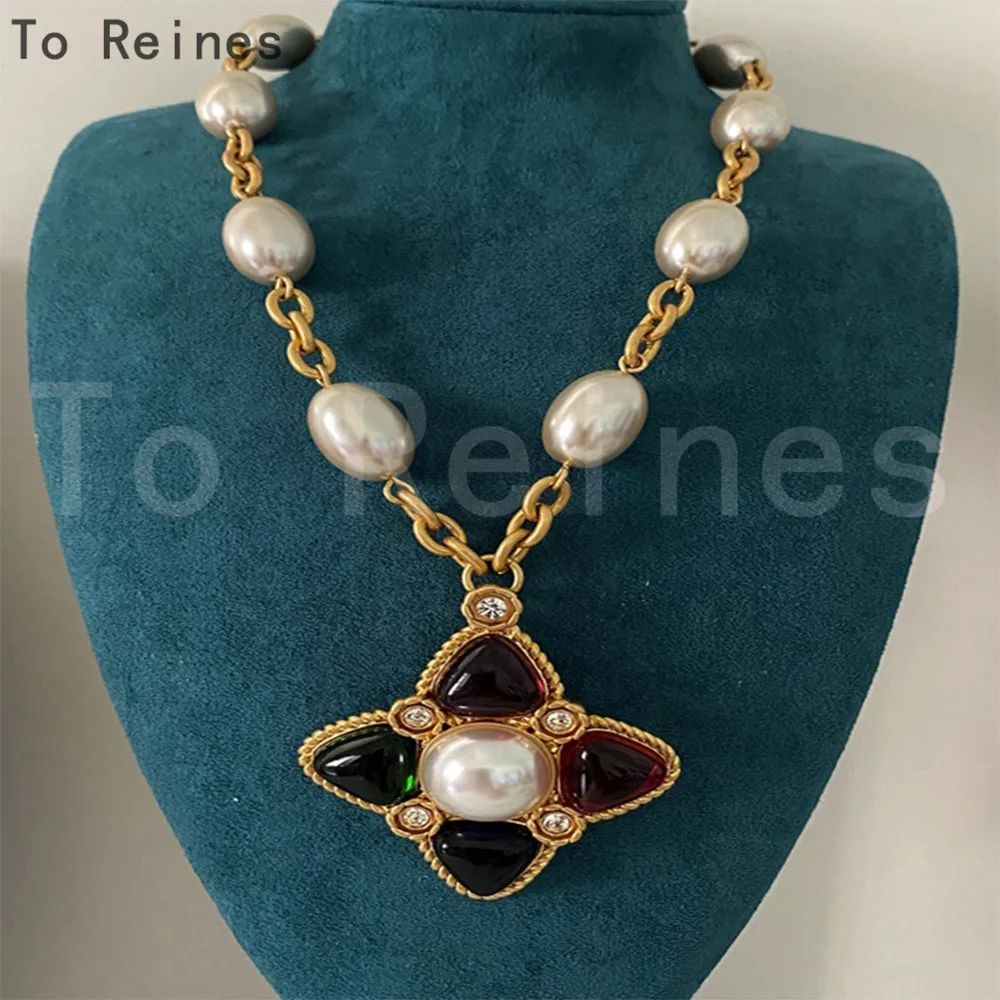 

To Reines Hot Europe Vintage Design Coloured Glaze Pearl Pendant Long Chain Necklace Women High Quality Luxury Jewelry