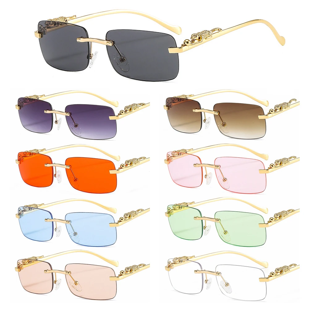 

Fashion Rimless Rectangle Sunglasses for Women Men Retro Cheetah Decoration Clear Ocean Lens Sun Glasses Shades UV400 Eyewear