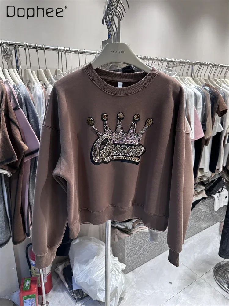 Heavy Industry Crown Long Sleeve Fleece-Lined Loose Short Hoodie Coat Female 2023 Autumn Winter Round Neck Pullover Sweatshirts
Heavy Industry Crown Long Sleeve Fleece-Lined Loose Short Hoodie Coat Female 2023 Autumn Winter Round Neck Pullover Sweatshirts