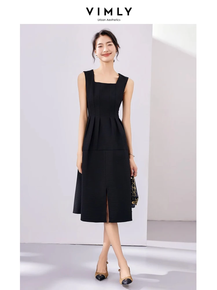 

Vimly Sleeveless Fitted Black Tank Dresses for Women 2024 Spring Fashion A Line Split Midi Pleated Dress Womans Clothing M2665