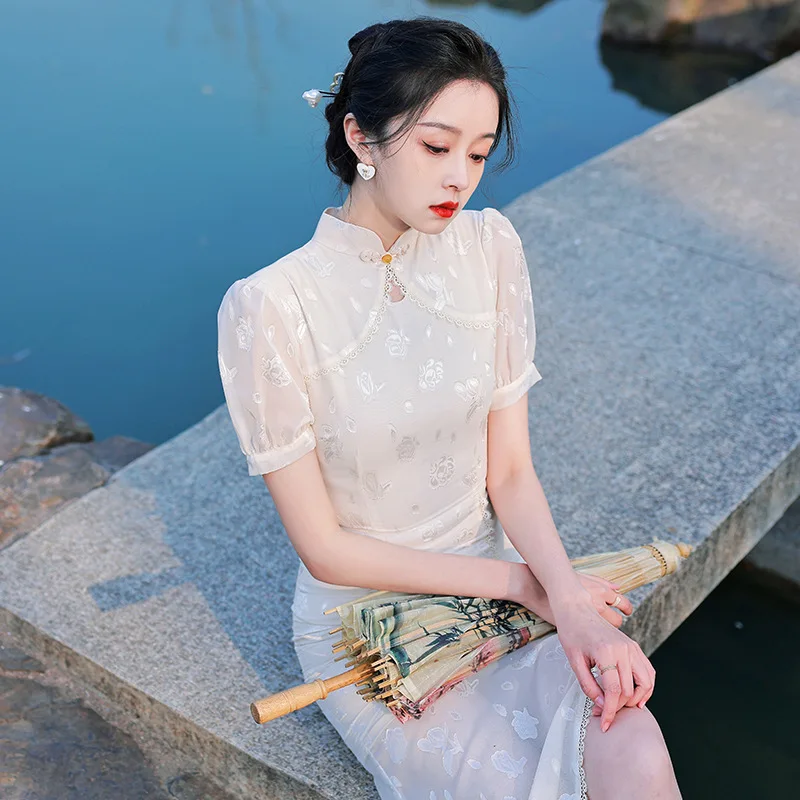 

Autumn Retro Chinese Women Puff Sleeve Cheongsam Elegant Lace Trim Mandarin Collar Jacquard Chiffon Qipao Dress
