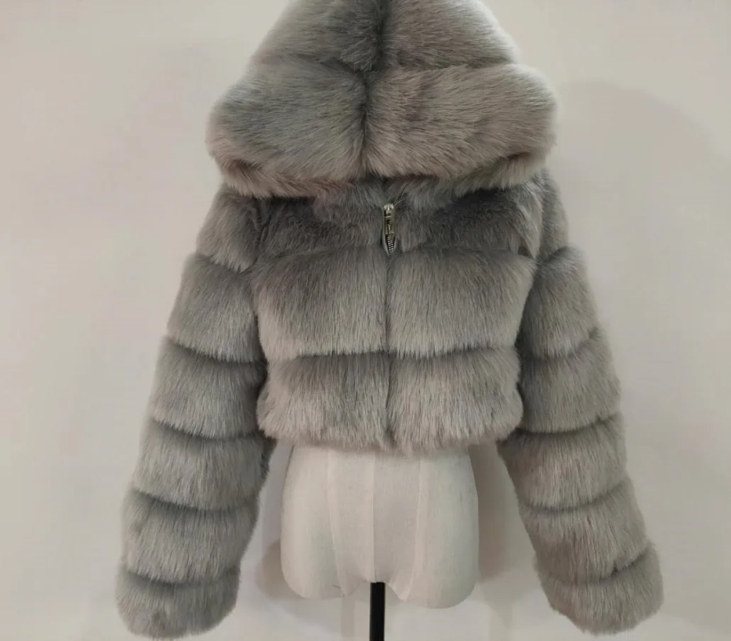 

High Quality Furry Cropped Faux Fur Coats And Jackets Women Fluffy Top Coat With Hooded Winter Fur Jacket Manteau Femme