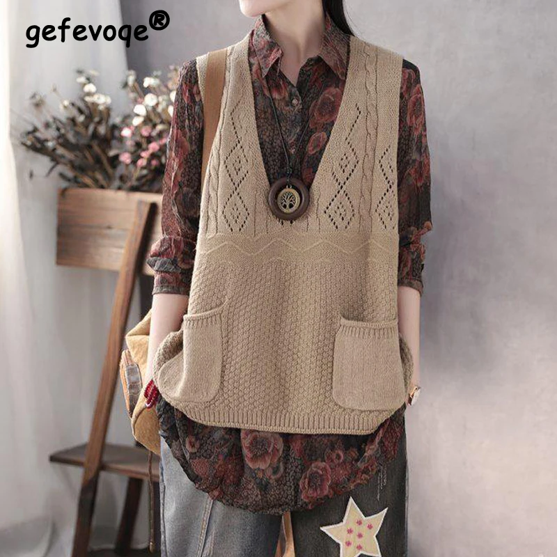Women Vintage Hollow Pockets Sleeveless Outewear Knitted Sweater Vest Spring Autumn Casual Solid V Neck Loose Pullover Waistcoat
Women Vintage Hollow Pockets Sleeveless Outewear Knitted Sweater Vest Spring Autumn Casual Solid V Neck Loose Pullover Waistcoat