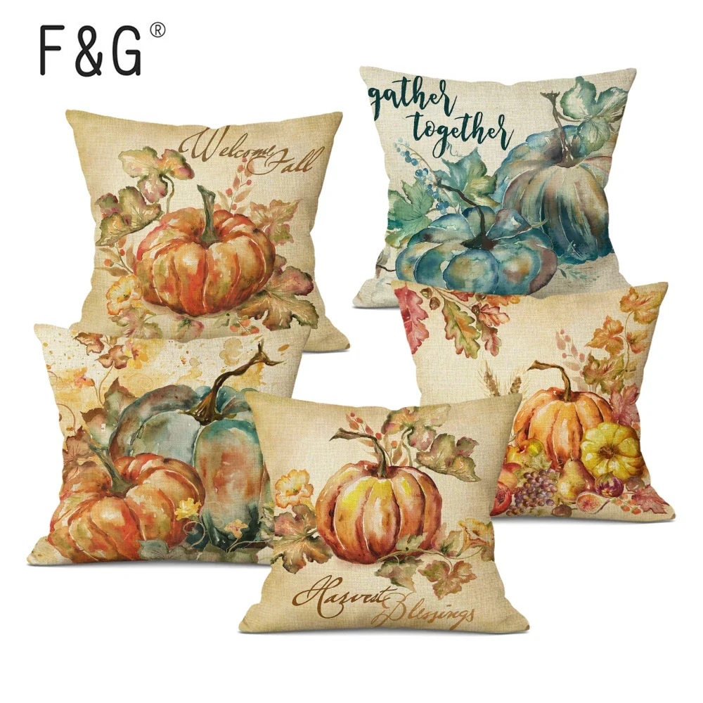 

Colorful Watercolor Pumpkin Pillow Case Linen 45*45cm Decor Autumn Cushion Cover for Car Sofa Pillowcase