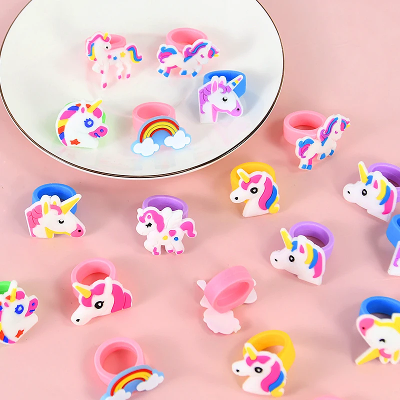 

10pcs Cute Cartoon Unicorn Rings Silicone Ring For Women Girls Party Gifts Kids Finger Toy Cheap Items With Free Shipping