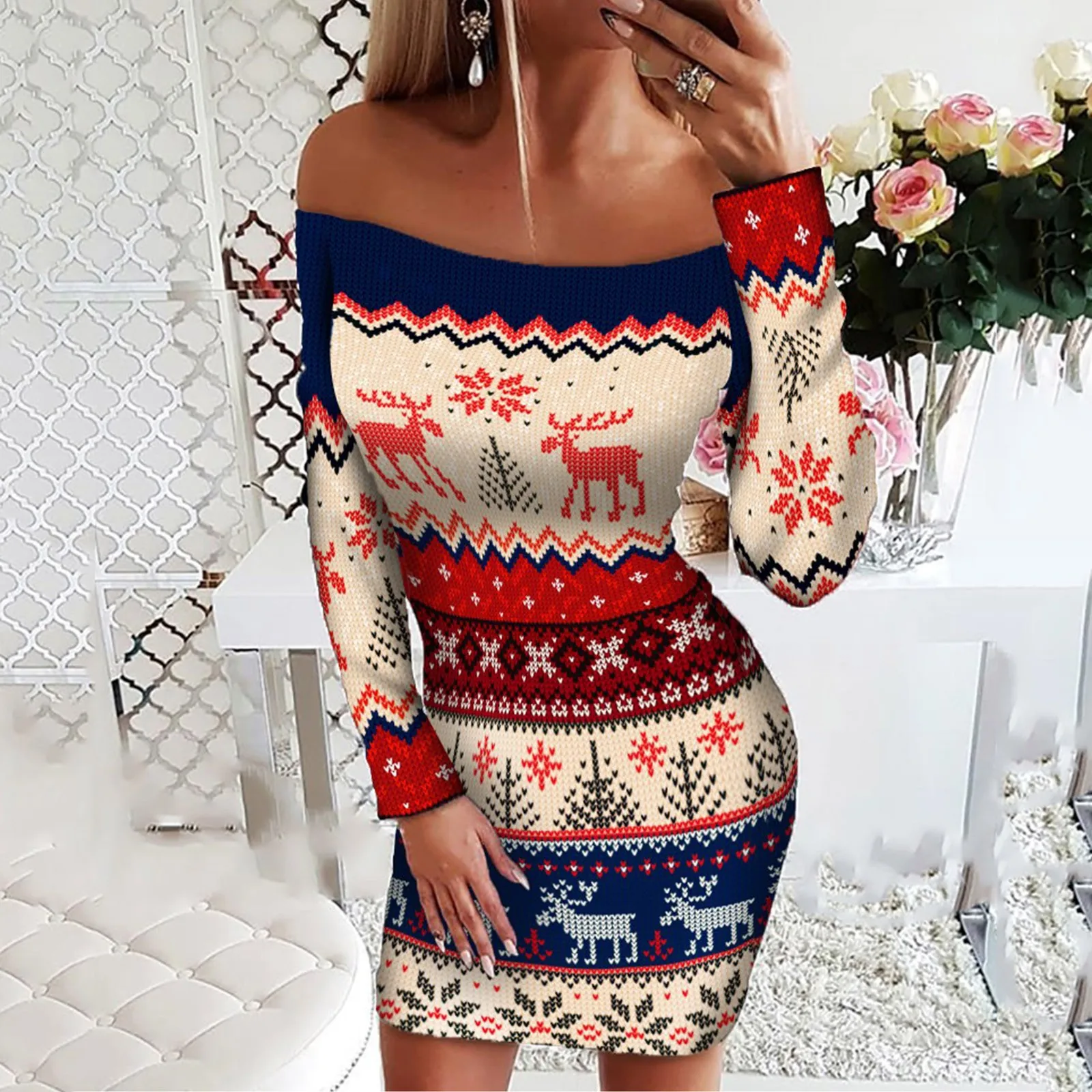 

Women Elk Snowflake Print Christmas Dress Xmas Bodycons Mini Dresses Round Neck Long Sleeve New Year Party Dresses Robe Femmes