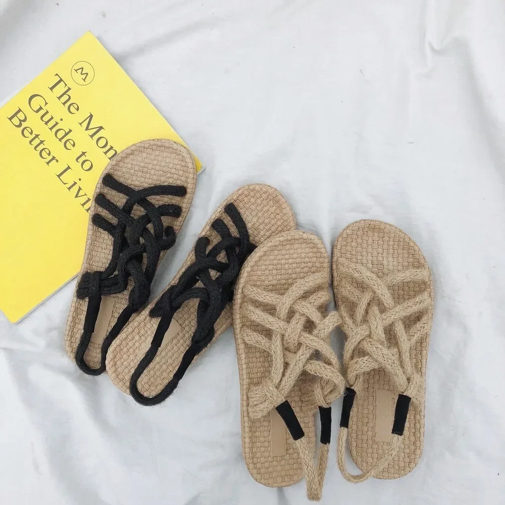 

Hemp Rope Sandals for Girls 2024 New Straw Woven Summer Cross Straps Beach Casual Ladies and Slippers Women Shoes Office Lady