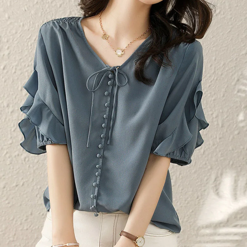 Ruffle V Neck Lace Up Solid Button Blouse Women Summer Casual Fashion Shirts Short Sleeve Loose Elegant Chic Top Female Clothing
Ruffle V Neck Lace Up Solid Button Blouse Women Summer Casual Fashion Shirts Short Sleeve Loose Elegant Chic Top Female Clothing