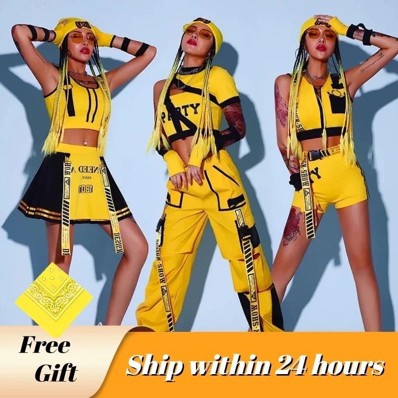 

Yellow Cheerleader Uniform Hip Hop Clothes Female Jazz Dancewear Rave Outfit Girl Sets Stage Costume Festival Clothing DL8204