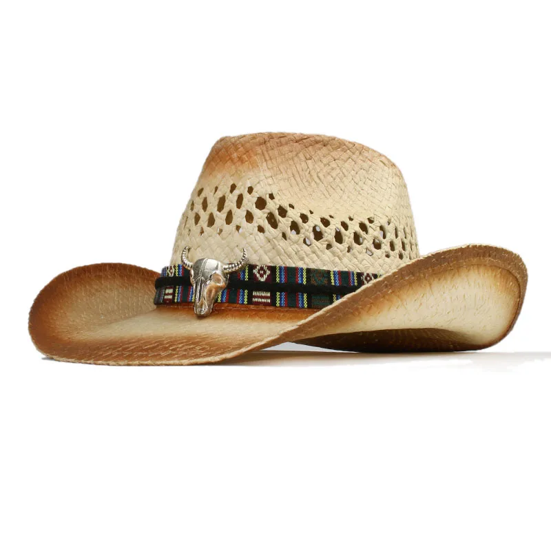 

Retro Cow Ox Head Totem Leather Band Belt Hollowed Out Women Men Unisex Straw Wide Brim Beach Cowboy Cowgirl Western Sun Hat