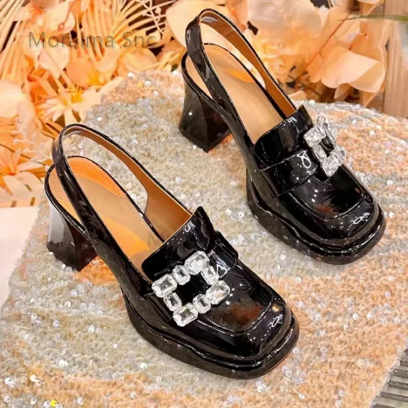 

Rhinestone Square Buckle Slingback Shoes Mary Janes Women High Heels 2024 Summer Chunky Heels Baotou Crystal Sandals Pumps Lady