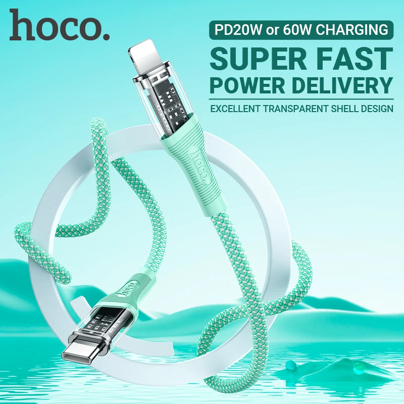 

hoco 60W Type-C charging data cable PD 20W cord for Lightning USB C fast charge laptop wire transparent phone charger Type C