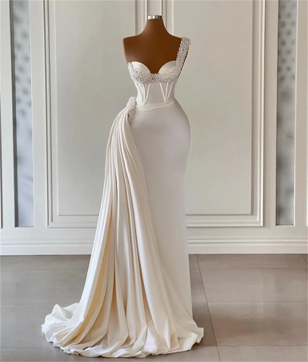 

Elegant & Charming Mermaid Wedding Dresses Bridal Gown Pearls Beaded One Shoulder Satin Sweep Train Custom Vestido De Novia