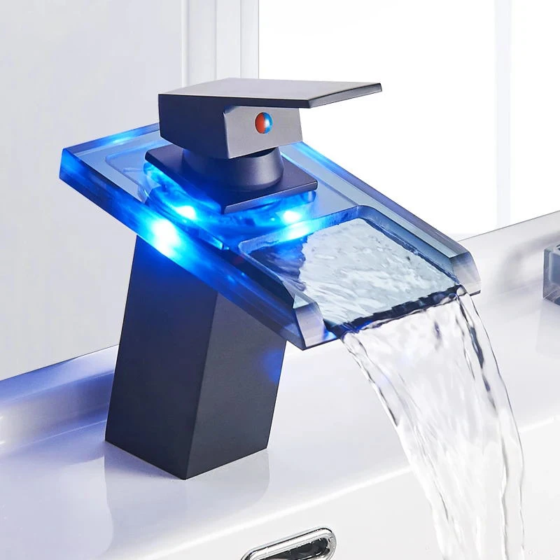 

Luminous waterfall copper faucet bathroom washbasin above counter basin bathroom cabinet hot and cold LED black luminous faucet