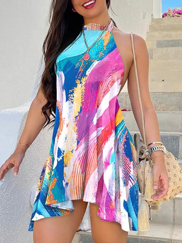2023 Patchwork Lacing Up Halter Lady Beach Dress Summer Women Party Club Mini Sleeveless Dress Casual Loose Backless Print Dress
2023 Patchwork Lacing Up Halter Lady Beach Dress Summer Women Party Club Mini Sleeveless Dress Casual Loose Backless Print Dress