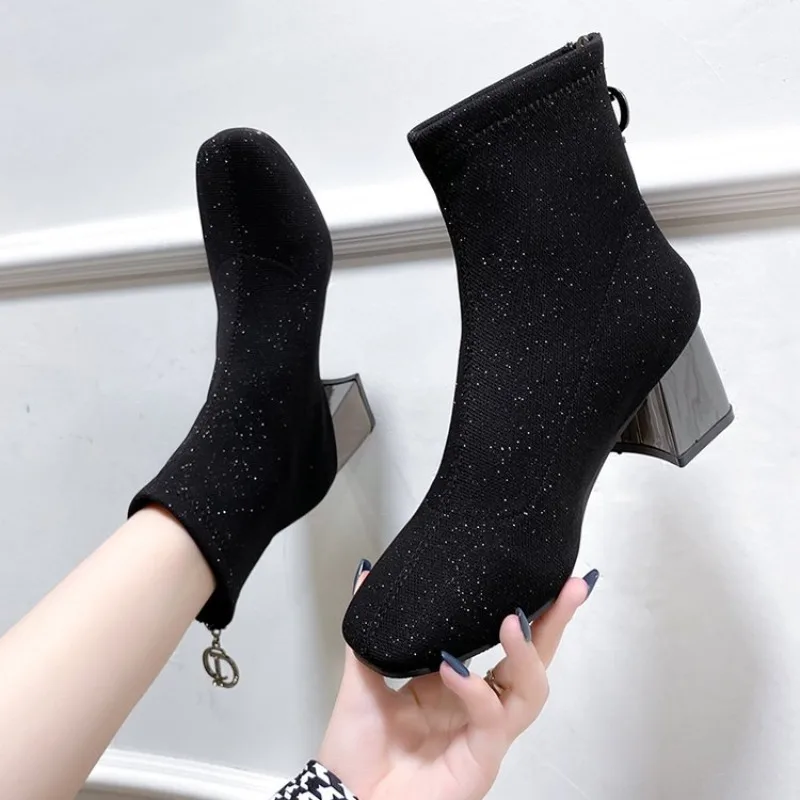 

Metal Blade Heels Socks Boots Women Stretch Fabric Elastic Stilettos Heel Pointed Toe Ankle Boots Shoes Woman Chunky Heels Boats