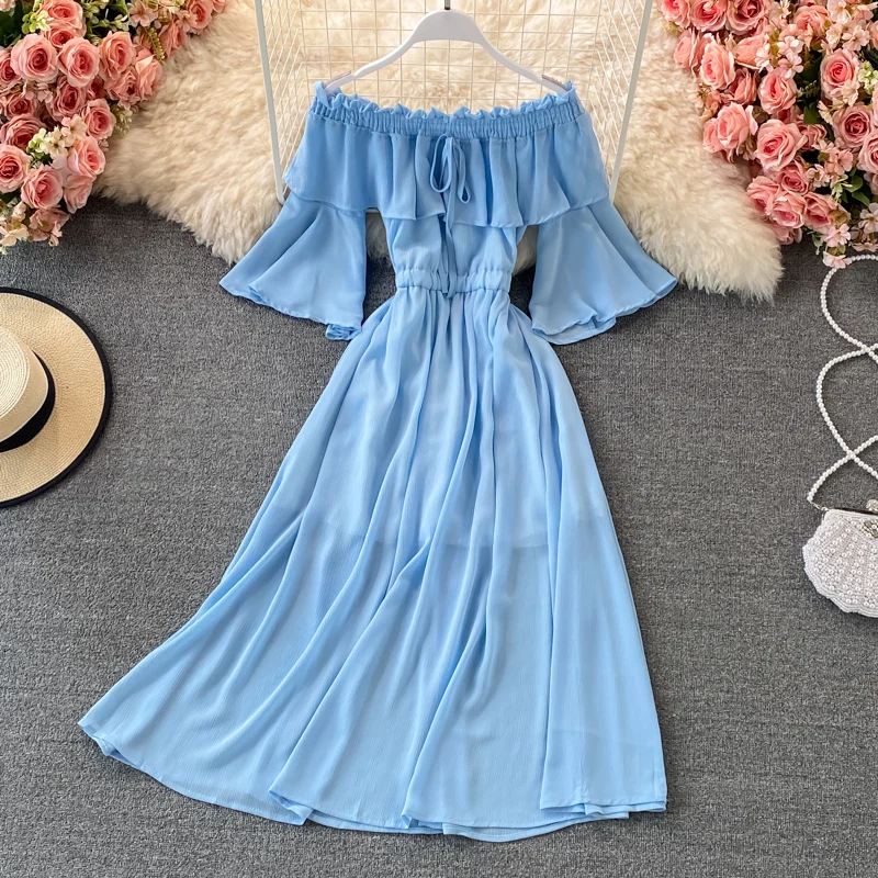 

2023 Summer Beach Skirt Beach Vacation Off Shoulder Ruffled Chiffon Dress Flare Sleeves Large Swing Long Dress