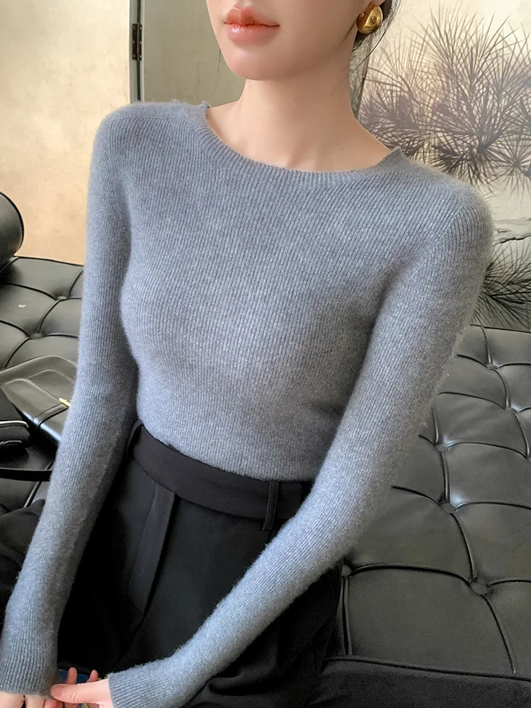 

Женский свитер с круглым вырезом, базовый пуловер, свитер на весну и осень, новинка 100%, однотонный облегающий свитер из мериносовой шерсти, модный топ