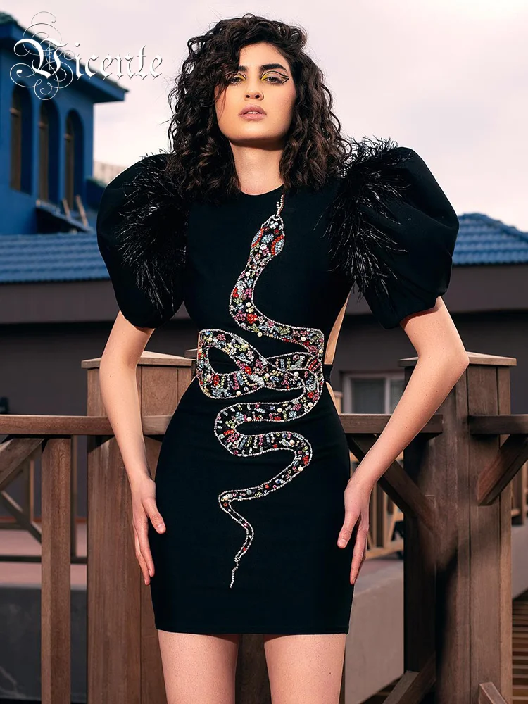 VC Black Velvet Mini Dress Women Luxury Snake Beads Design Short Sleeve Feather Evening Party Dress Sexy Backless 
VC Black Velvet Mini Dress Women Luxury Snake Beads Design Short Sleeve Feather Evening Party Dress Sexy Backless