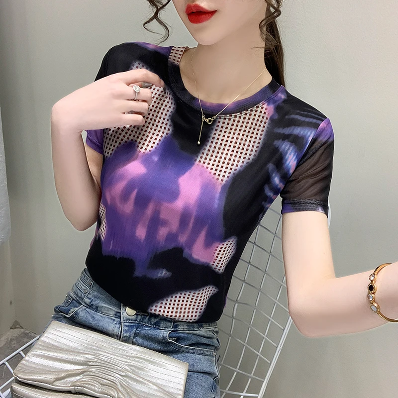 2023 New Summer European Clothes Mesh Thin T-Shirt Sexy Printing Position Flower Women Tops Short Sleeve Elastic Hot Tees 33069
2023 New Summer European Clothes Mesh Thin T-Shirt Sexy Printing Position Flower Women Tops Short Sleeve Elastic Hot Tees 33069