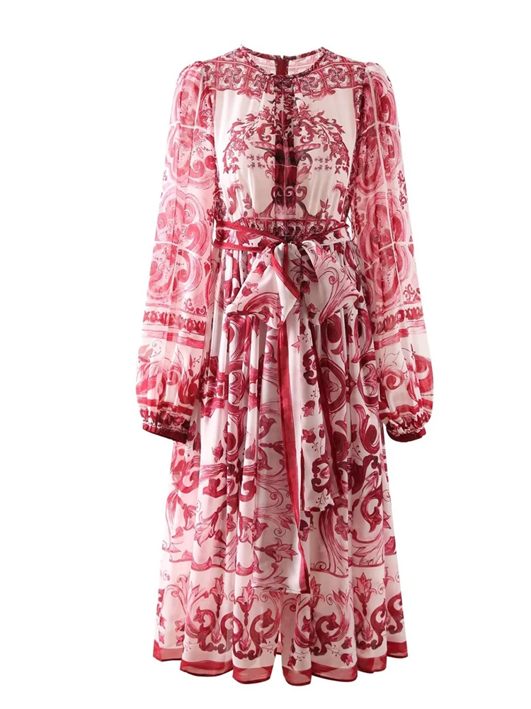 Fashion Chiffon Silk Dress Spring Autumn Women O-Neck Long Sleeve Red Porcelain Printing Midi Vestidos Party Vacation Waist Belt
Fashion Chiffon Silk Dress Spring Autumn Women O-Neck Long Sleeve Red Porcelain Printing Midi Vestidos Party Vacation Waist Belt
