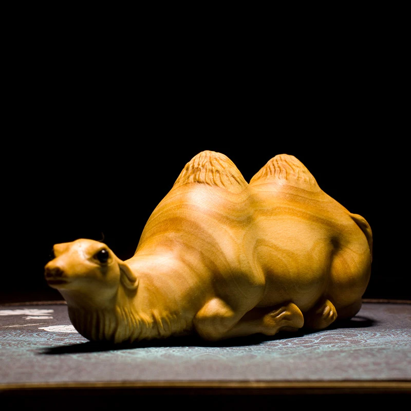 

10CM Camel Pen Holder Boxwood Carving Animal Sculpture Feng Shui Solid Wood Statue Home Decor