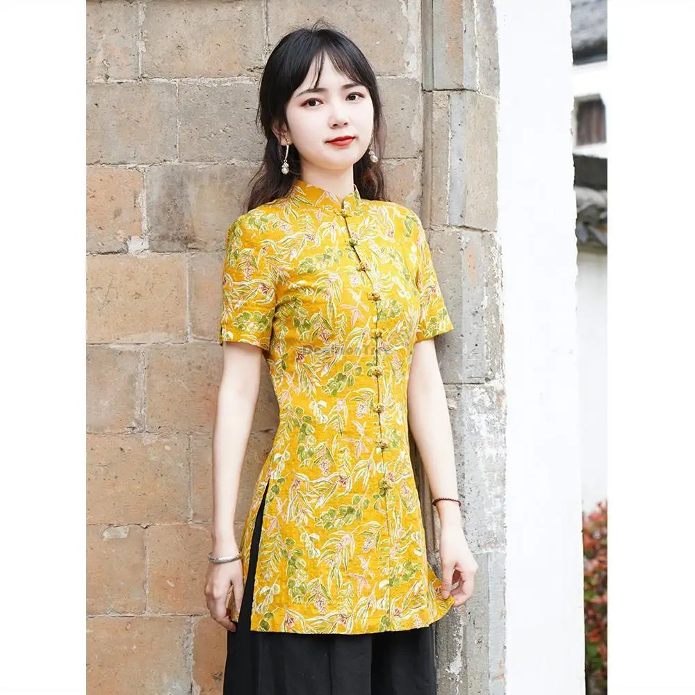 

2023 tang suit female chinese style improved cheongsam style blouse summer short sleeve tea dress chinese zen women's top s371