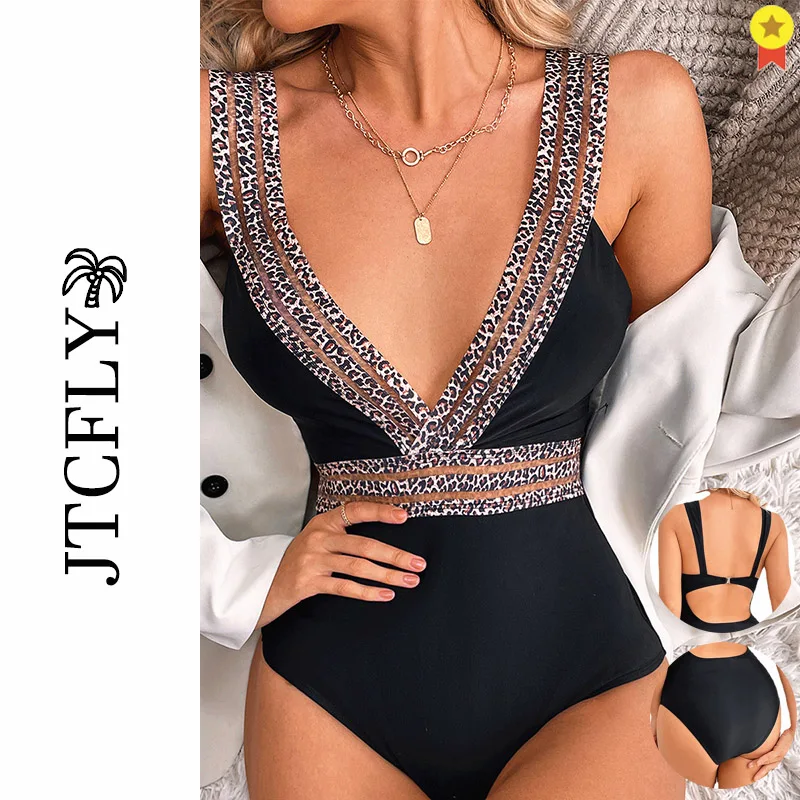 

Swimsuit Women One Piece Leopard Swimwear Sexy Thong Monokini Plunge V Neck Bathing Suit Backless Bodysuit Beachwear