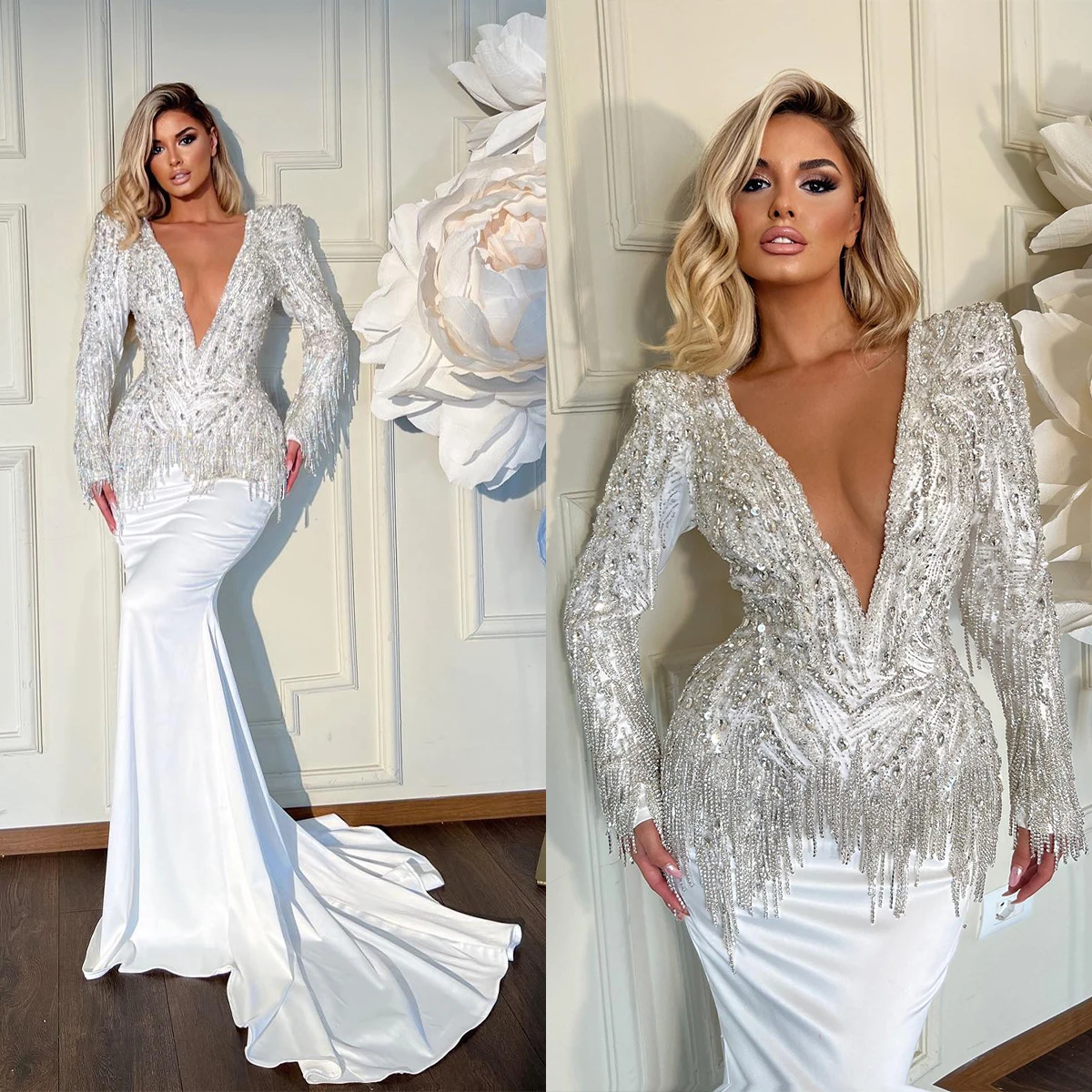Vintage Mermaid Wedding Dresses For Women O-Neck Long Sleeves Bridal Gown Crystal Tassel Sweep Train Skirt Custom Made
Vintage Mermaid Wedding Dresses For Women O-Neck Long Sleeves Bridal Gown Crystal Tassel Sweep Train Skirt Custom Made