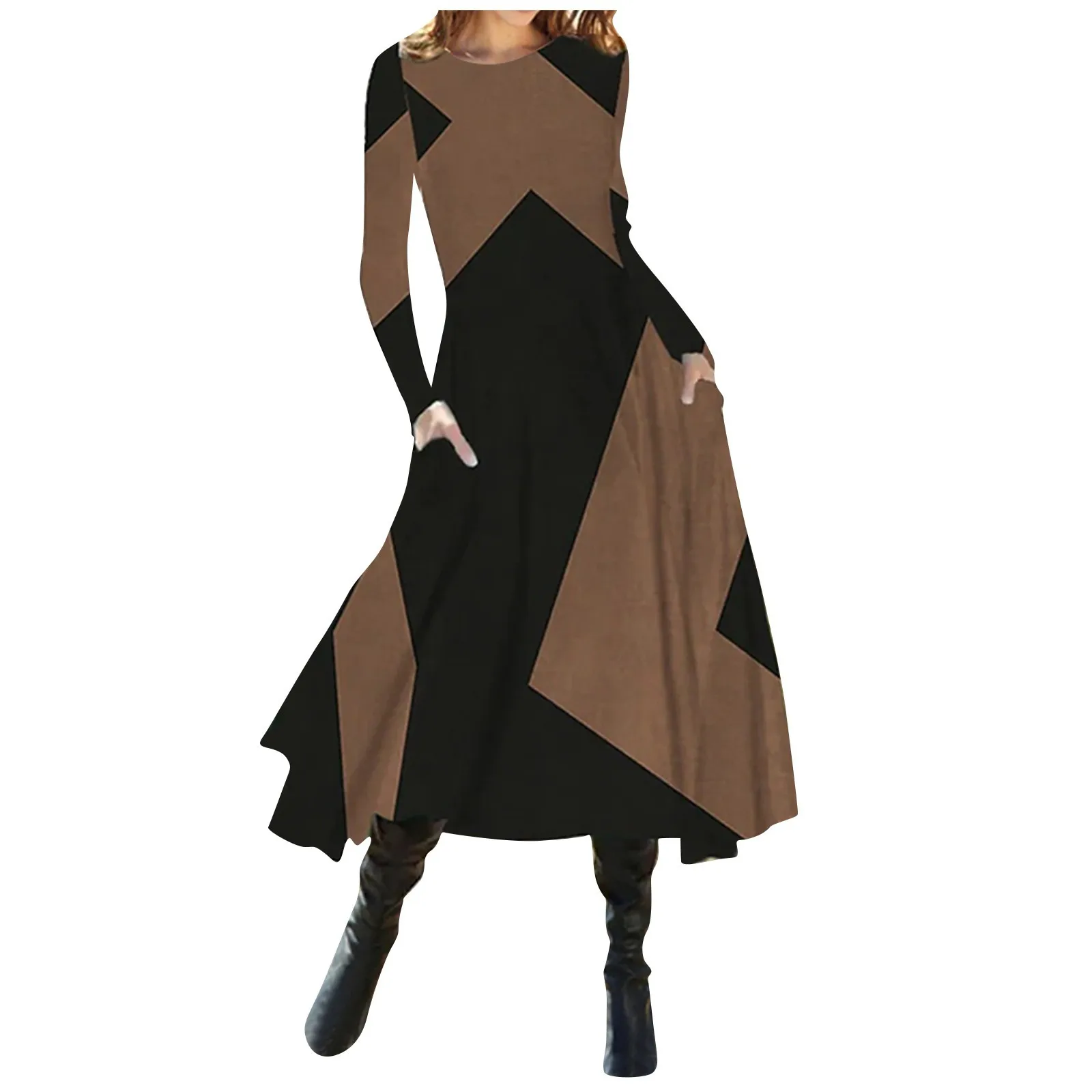 

women dress Loose Fitting contrast spliced Long Sleeve 2024 new spring and winter Round Neck Casual vintage A-line Maxi Dress