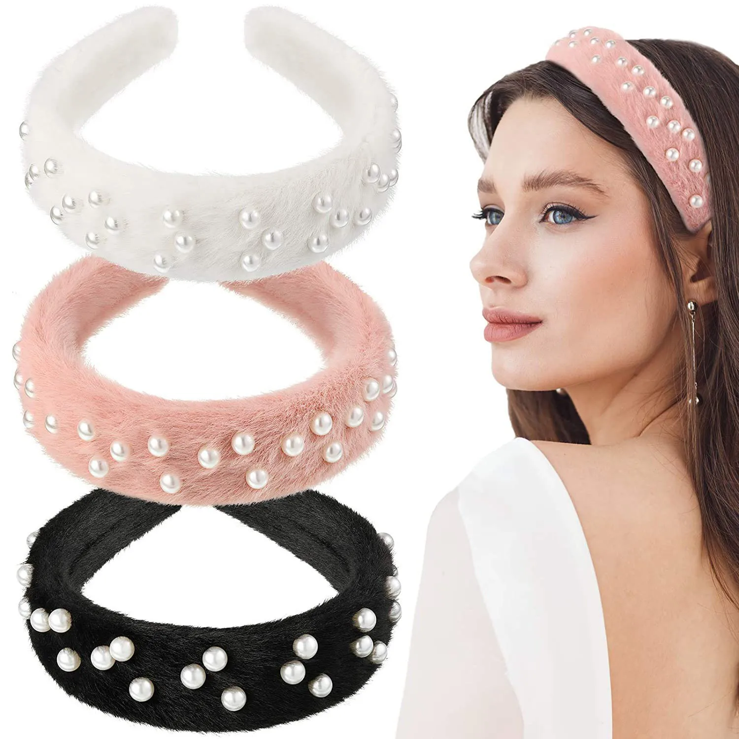 

Fashion Soft Wide Plush Headbands Sweet Solid Warm Hairbands for Women Girls Ladies Pearls Hair Hoops Bezel Hair Accessories