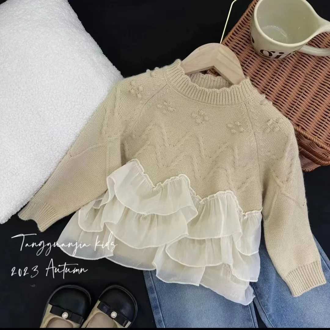 

Sweater Girls Autumn Season New Korean Mesh Yarn Lotus Leaf Edge 2023 Knitwear Tide Childrens Clothing Style Sweet