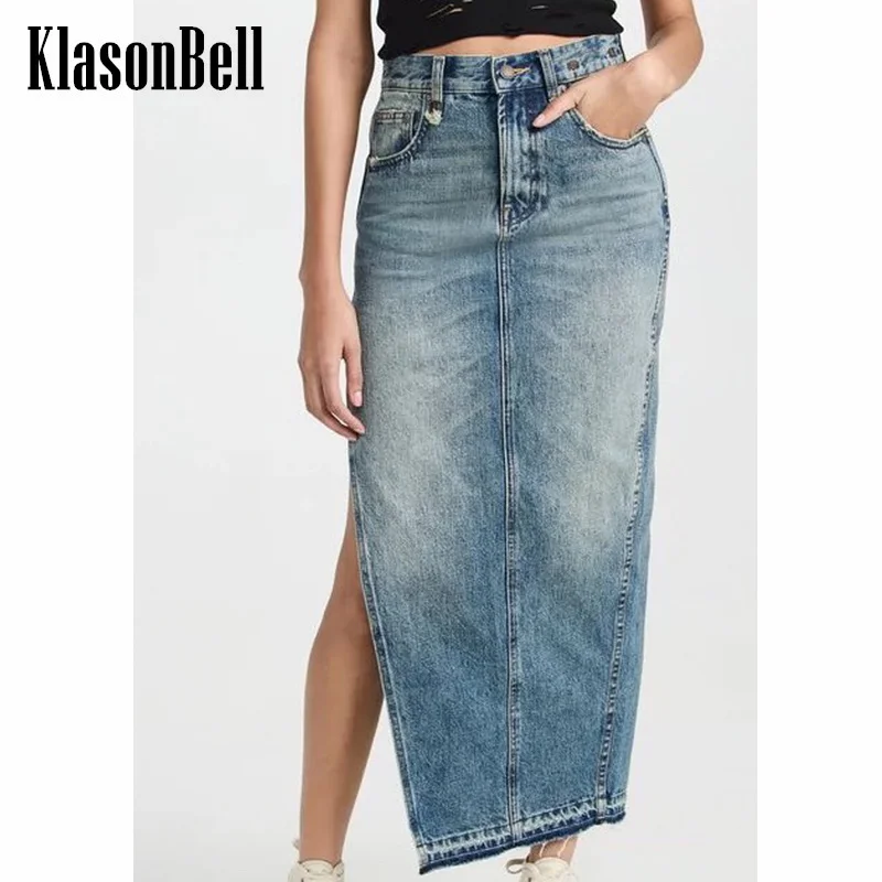 

3.21 KlasonBell 2024 Fashion New Vintage Washed Distressed Frayed Denim Skirt Women High Split Straight Long Skirt