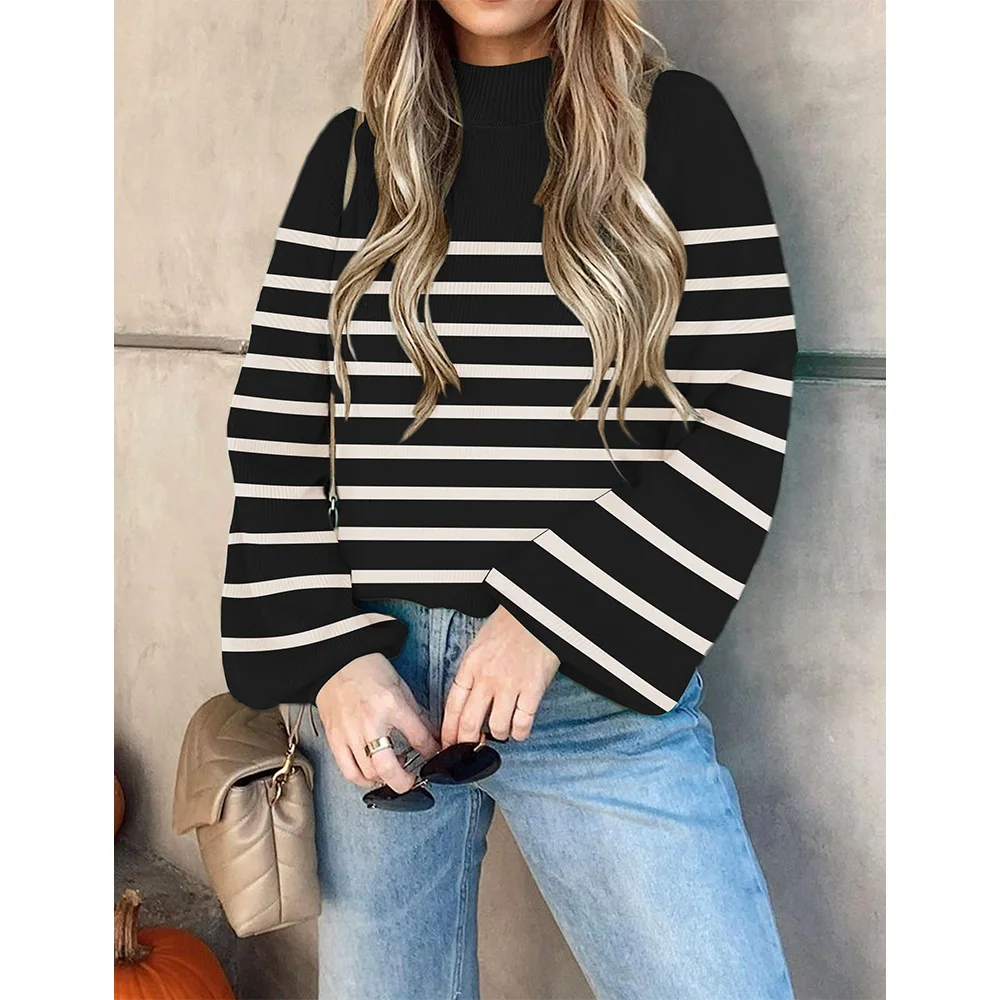 

Europe and America Autumn and Winter round Neck Sexy Stripes Pullover Long Sleeve Sweater All-Matching Fashionable Knitted Women