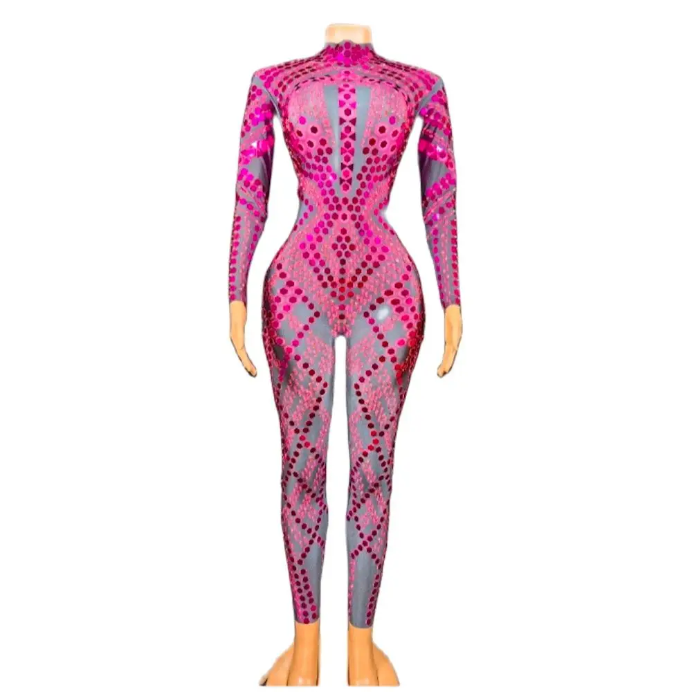 

Rose Sparkly Sequin Jumpsuit Fashion Spandex Stretch Shining Dance Costume One-piece Bodysuit Nightclub Outfit Party Leggings